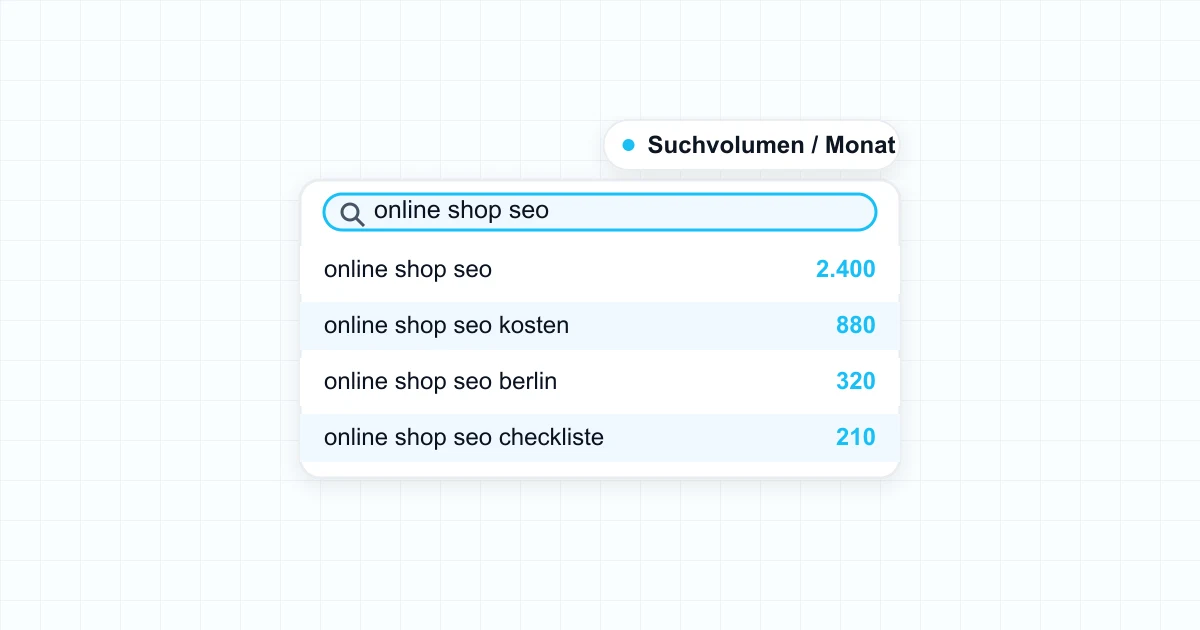 Suchfeld mit Autocomplete-Vorschlägen und Suchvolumen-Angaben